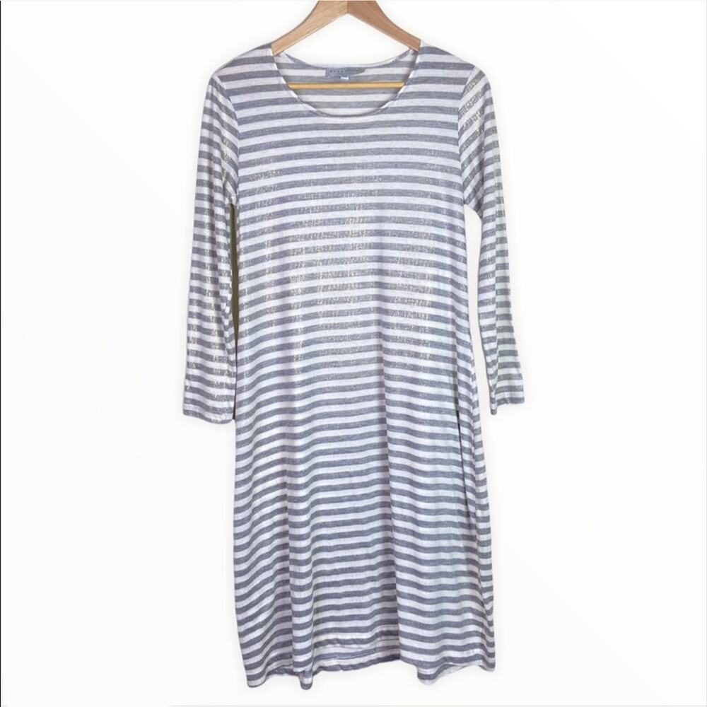 Bryn Walker Striped T-shirt Dress 3/4 Sleeve Gray White Loose Oversized XS